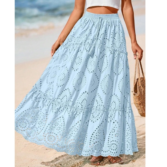 Boho Eyelet Lace stretchy waist Flowy Maxi Skirt - Picture 8 of 15